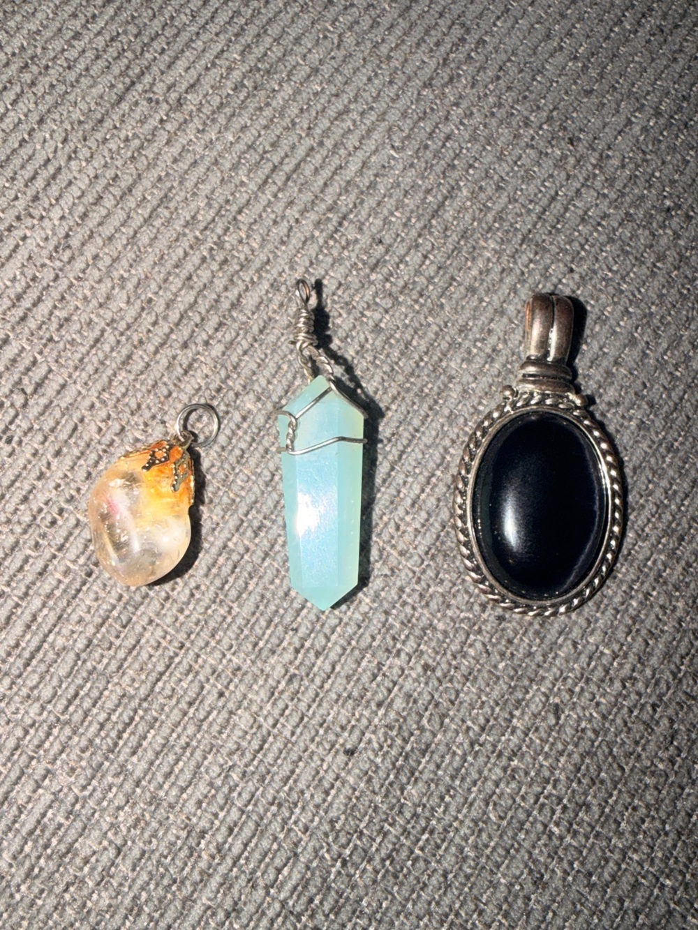 3 vintage pendants - unknown yellow stone, resin blue crystal, and faux onyx